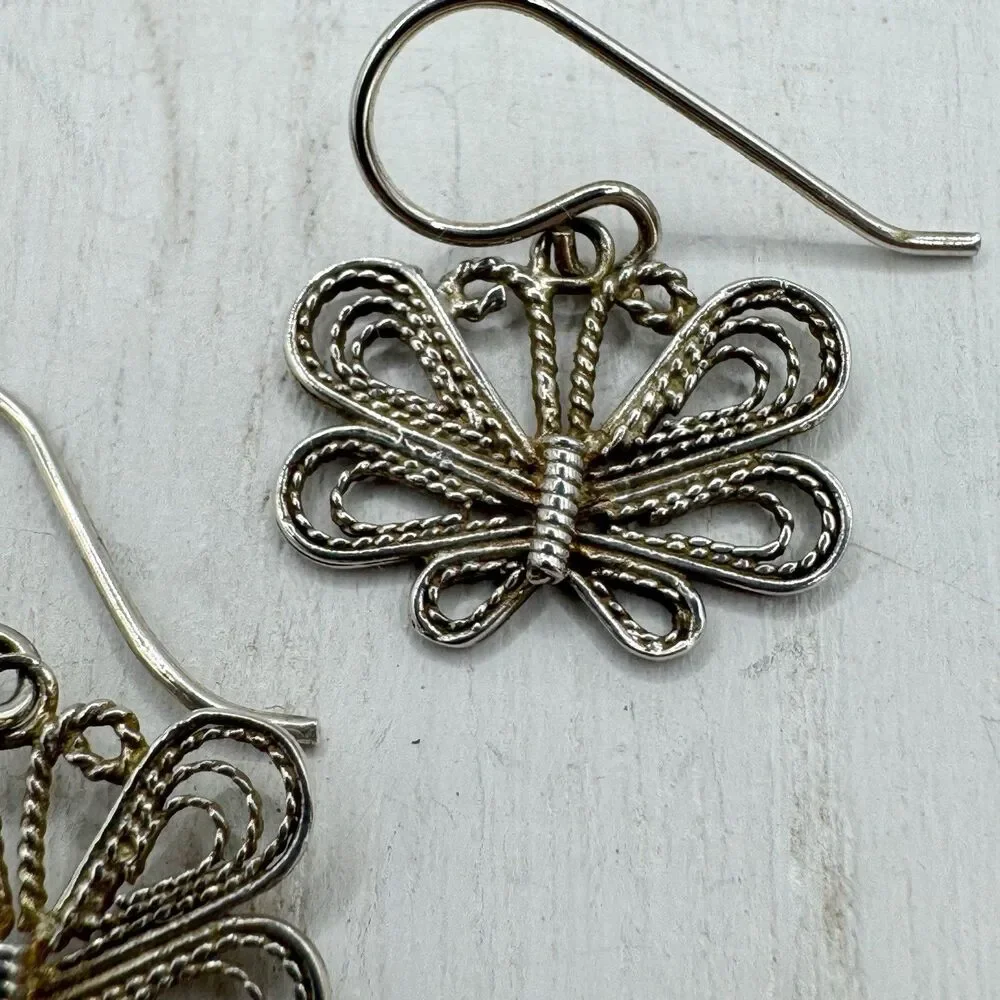 Sterling Silver Filigree Butterfly Drop Dangle Earrings whimsical Fairycore